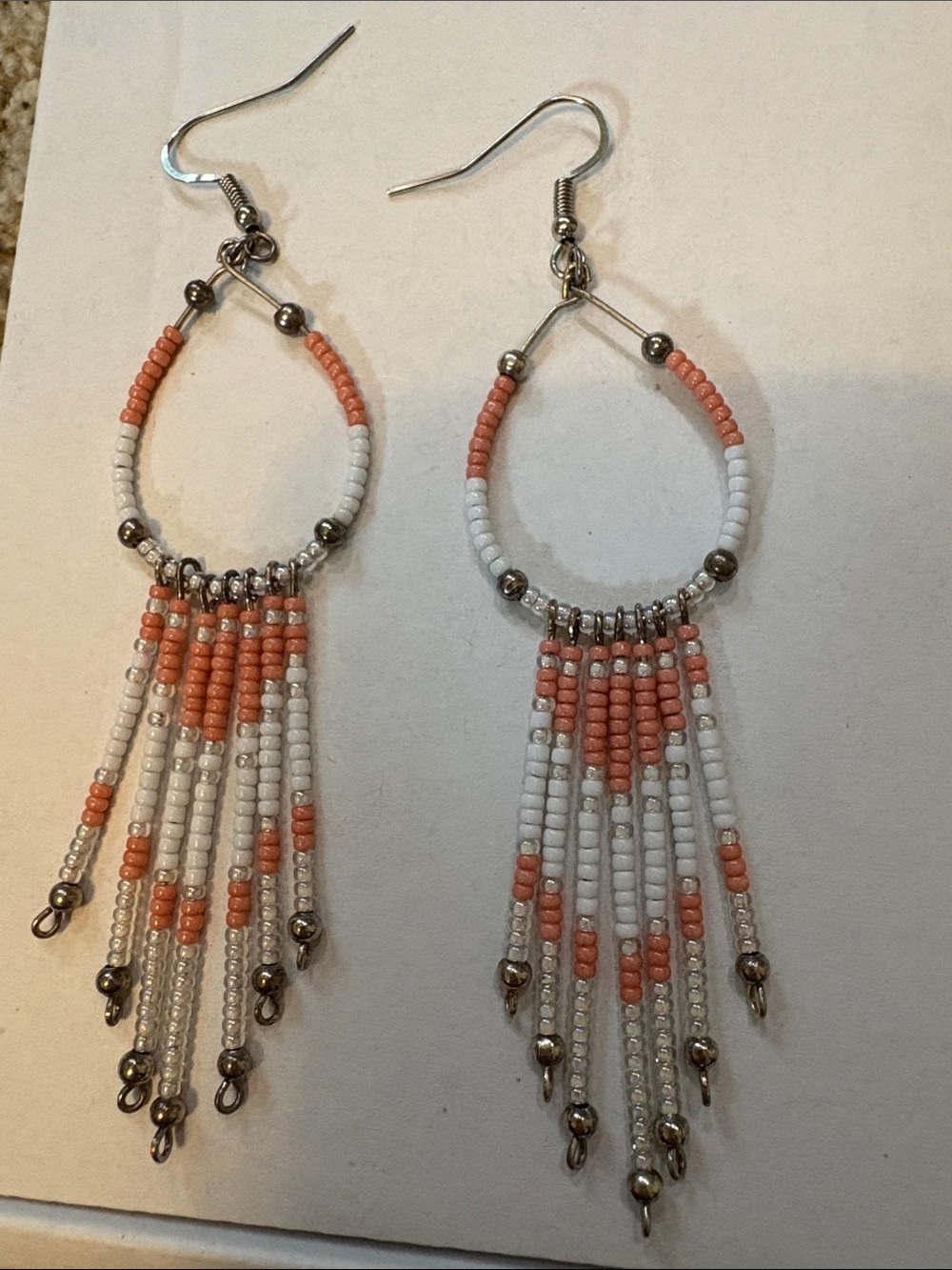 Navajo Made Sterling Silver Beaded Fringe Teardrop Drop Peach & White Earrings